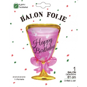 Balon din Folie Metalizata, Flippy, Figurina Pahar de Vin, Tema Aniversare, 93x48 cm, Ambalaj Individual, Pai Inclus, Umflare cu Aer sau Heliu, Roz - Img 4