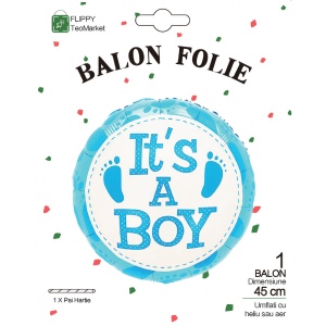 Balon din Folie Metalizata, Flippy, Figurina Rotunda, Model It's a Boy, Tema Gender Reveal, 45 cm, Ambalaj Individual, Pai Inclus, Umflare cu Aer sau Heliu, Albastru - Img 4