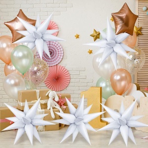 Balon din Folie Metalizata, Flippy, Figurina Stea 3D, 66 cm, Ambalaj Individual, Pai inclus, Umflare cu Aer sau Heliu, Alb - Img 5