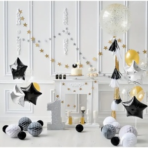 Balon din Folie Metalizata, Flippy, Figurina Stea, Model Simplu, Tematica Aniversare, 40 cm, Ambalaj Individual, Pai Inclus, Umflare cu Aer sau Heliu, Negru - Img 6