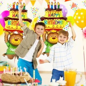 Balon din Folie Metalizata, Flippy, Figurine Animalute, Model Ursulet cu Tort Aniversar, 124x65 cm, Ambalaj Individual, Pai Inclus, Umflare cu Aer sau Heliu, Multicolor - Img 2