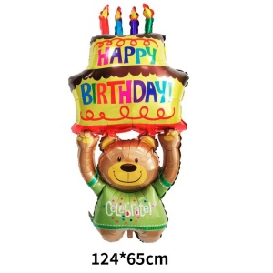 Balon din Folie Metalizata, Flippy, Figurine Animalute, Model Ursulet cu Tort Aniversar, 124x65 cm, Ambalaj Individual, Pai Inclus, Umflare cu Aer sau Heliu, Multicolor - Img 12
