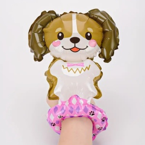 Balon din Folie Metalizata, Flippy, Figurine Animalute, Tip Bratara, Model Catel, 13 x 35 cm, Ambalaj Individual, Pai Inclus, Umflare cu Aer sau Heliu, Maro - Img 3