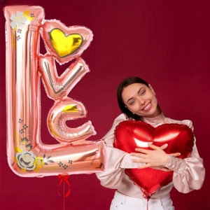 Balon din Folie Metalizata, Flippy, Figurine, Model LOVE, Tematica Iubire, 110x64 cm, Ambalaj Individual, Pai Inclus, Umflare cu Aer sau Heliu, Roz - Img 4