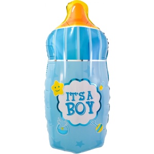 Balon din Folie Metalizata, Flippy, Mini Figurina Biberon, Model It's a Boy, Tematica Gender Reveal, 44x20 cm, Ambalaj Individual, Pai Inclus, Umflare cu Aer sau Heliu, Albastru - Img 1