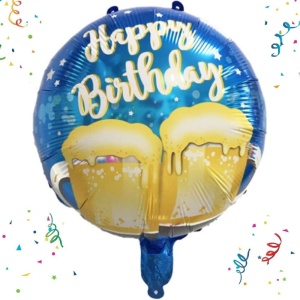 Balon din Folie Metalizata, Flippy, Mini Figurina Rotunda, Model Halbe de Bere, Happy Birthday, Tematica Aniversare, 45 cm, Ambalaj Individual, Pai Inclus, Umflare cu Aer sau Heliu, Albastru - Img 3