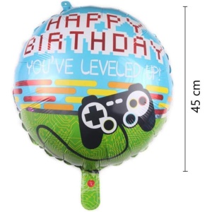 Balon din Folie Metalizata, Flippy, Mini Figurina Rotunda, Model Happy Birthday Gamer, Tema Aniversare, 45 cm, Ambalaj Individual, Pai inclus, Umflare cu Aer sau Heliu, Albastru - Img 3