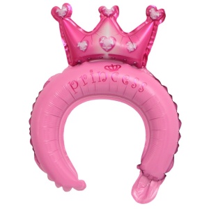 Balon din Folie Metalizata, Flippy, Tip Coronita cu Urechi, Model Coronita de Printesa, Ambalaj Individual, Pai Inclus, Umflare cu Aer sau Heliu, 30 x 27 cm, Roz - Img 1