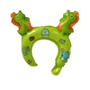 Balon din Folie Metalizata, Flippy, Tip Coronita cu Urechi, Model Dinozauri, Ambalaj Individual, Pai Inclus, Umflare cu Aer sau Heliu, 29 x 26.5 cm, Verde - Img 1