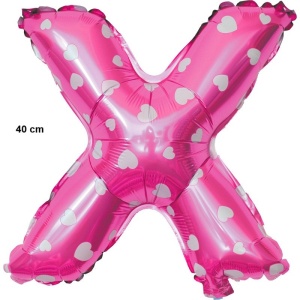 Balon Folie Metalizata Litera X, Flippy, 40 cm, Cu Imprimeu Inimioare, Umflati cu Heliu sau Aer, Ambalaj Individual, Pai inclus, Roz - Img 2
