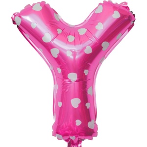 Balon Folie Metalizata Litera Y, Flippy, 40 cm, Cu Imprimeu Inimioare, Umflati cu Heliu sau Aer, Ambalaj Individual, Pai inclus, Roz - Img 1