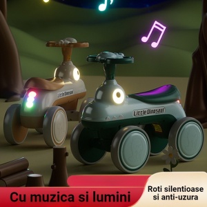 Bicicleta Pentru Copii, Flippy, Fara Pedale, Cu Patru Roti, Din Plastic Rezistent, Fara BPA, Cu Muzica Si Lumini, Model Dinozaur, 50x27x40 Cm, Roz - Img 4