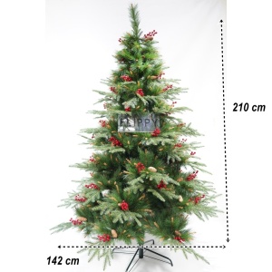 Brad artificial de Craciun, decorat cu conuri pin rosii, pentru interior/exterior, inaltime 210 cm, diametru 142 cm, 767 ramuri, Flippy, verde, suport metalic inclus - Img 4