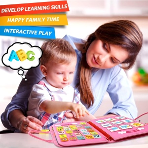 Carte Senzoriala Educativa Montessori 7in1, Flippy, 26 de Activitati, Dezvoltare Abilitati Motorii, 4 Pagini, Model Dinozauri, 28x22x7 cm, Roz - Img 3