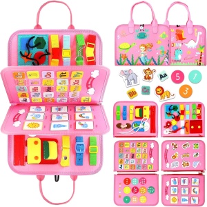 Carte Senzoriala Educativa Montessori 7in1, Flippy, 26 de Activitati, Dezvoltare Abilitati Motorii, 4 Pagini, Model Dinozauri, 28x22x7 cm, Roz - Img 7