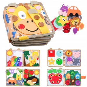 Carte Senzoriala Educativa Montessori 7in1, Flippy, Dezvoltare Abilitati Motorii, 8 Pagini, 3D, cu Elemente Detasabile, Model Girafa, 21x21x8 cm, Maro - Img 7