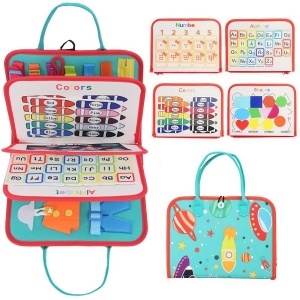 Carte Senzoriala Educativa Montessori, Flippy, cu Activitati, Dezvoltare Abilitati Motorii, 4 Pagini, Model Spatiu Cosmic, 28x22x7 cm, Albastru - Img 1