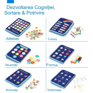 Carte Senzoriala Educativa Montessori, Flippy, Dezvoltare Abilitati Motorii, 5 Pagini, Model Dinozauri, 28x22x7 cm, Albastru - Img 2