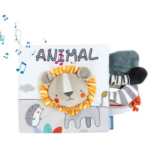 Carte Senzoriala, Flippy, pentru Bebelusi, 15x16x6 cm, cu Animalute, 3D, Cu Sunete si Fosnete, 0-3 Ani, Model Leu, Gri - Img 3