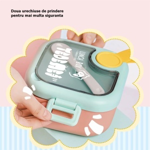 Caserola pentru copii Flippy, lunch box, 750 ml, doua boluri, lingura, foarfeca din plastic, rezistenta la scurgeri, Roz - Img 4