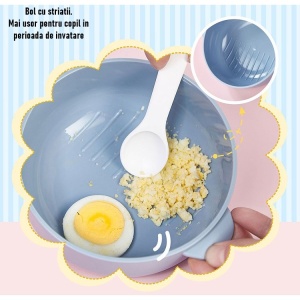 Caserola pentru copii Flippy, lunch box, 750 ml, doua boluri, lingura, foarfeca din plastic, rezistenta la scurgeri, Albastra - Img 3