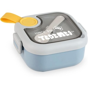 Caserola pentru copii Flippy, lunch box, 750 ml, doua boluri, lingura, foarfeca din plastic, rezistenta la scurgeri, Albastra - Img 1