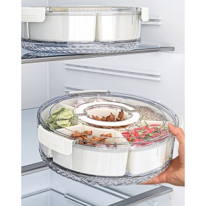 Cutie de Depozitare pentru Alimente, Flippy, cu 6 Compartimente, pentru Condimente, Fructe, Legume, cu Manere de Prindere, Rotativa 360 de Grade, Inchidere Ermetica, 32x8 cm, Alba - Img 14