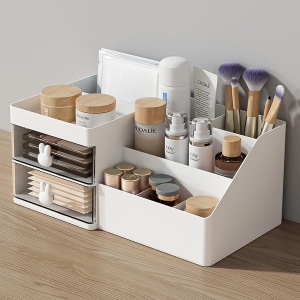 Cutie de Depozitare pentru Birou, Flippy, Pentru Makeup, Papetarie, Organizator Cosmetice, 2 Sertare si Compartimente Multiple, Model Iepuras, Plastic, 27.5x15.5x12 cm, Alb - Img 10