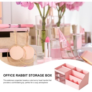 Cutie de Depozitare pentru Birou, Flippy, Pentru Makeup, Papetarie, Organizator Cosmetice, 2 Sertare si Compartimente Multiple, Model Iepuras, Plastic, 27.5x15.5x12 cm, Roz - Img 4
