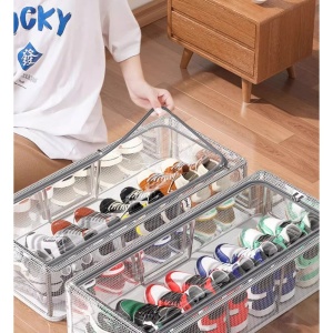 Cutie de Depozitare pentru Pantofi, Flippy, 40x30x21 cm, din Plasa PVC Impermeabila si Cadru de Otel, Pliabila, Fermoar Bidirectional, Transparenta - Img 5