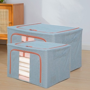 Cutie de Depozitare Pliabila, Flippy, 100 L, din Bumbac si In, 60x42x40 cm, 2 Ferestre, Frontala si Laterala, 2 Usi de Acces cu Fermoar Bidirectional, Cadru Metalic, Suport Baza Stabil din Plastic, Bleu - Img 4