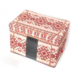 Cutie de Depozitare Pliabila, Flippy,100 L din Bumbac si In, 60X42X40 cm, Fereastra Frontala, 2 Usi de Acces cu Fermoar Bidirectional, Cadru Metalic, Suport Baza Stabil din Plastic, Motiv Traditional Model 2 - Img 8