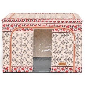 Cutie de Depozitare Pliabila, Flippy,100 L din Bumbac si In, 60X42X40 cm, Fereastra Frontala, 2 Usi de Acces cu Fermoar Bidirectional, Cadru Metalic, Suport Baza Stabil din Plastic, Motiv Traditional Model 3 - Img 11