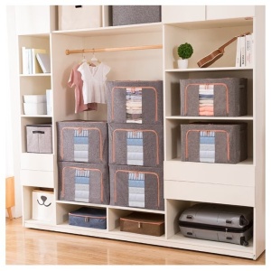 Cutie de Depozitare Pliabila, Flippy, 24 L, din Bumbac si In, 40x30x20 cm, 2 Ferestre, Frontala si Laterala, 2 Usi de Acces cu Fermoar Bidirectional, Cadru Metalic, Suport Baza Stabil din Plastic, Gri - Img 2