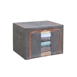 Cutie de Depozitare Pliabila, Flippy, 66 L, din Bumbac si In, 50x40x33 cm, Fereastra Frontala, 2 Usi de Acces cu Fermoar Bidirectional, Cadru Metalic, Suport Baza Stabil din Plastic, Gri - Img 8