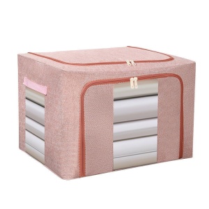 Cutie de Depozitare Pliabila, Flippy, 66 L, din Bumbac si In, 50x40x33 cm, 2 Ferestre, Frontala si Laterala, 2 Usi de Acces cu Fermoar Bidirectional, Cadru Metalic, Suport Baza Stabil din Plastic, Roz Pudrat - Img 4