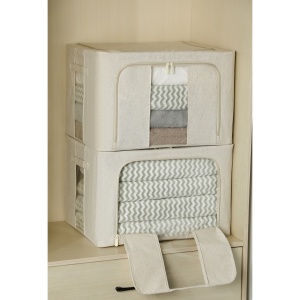 Cutie de Depozitare Pliabila, Flippy, Cu Fereastra si Fermoar Dublu, 66 L, Textil Premium, 50x40x33 cm, Cadru Metalic, Impermeabila, Alb Texturat - Img 3
