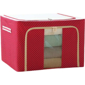 Cutie de Depozitare Pliabila, Flippy, cu Fermoar, 100 L, Textil, 60x42x40 cm, O Fereastra, Cadru Metalic, Suport Baza Stabil din Plastic, imprimeu punctat, Rosu - Img 3