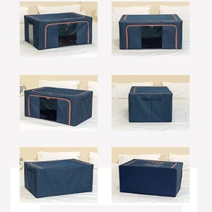 Cutie de Depozitare Pliabila, Flippy, Cu Fermoar, 100 L, Textil, 60x42x40 cm, Cadru Metalic, Suport Baza Stabil din Plastic, Albastru Marin cu Doua Ferestre - Img 4