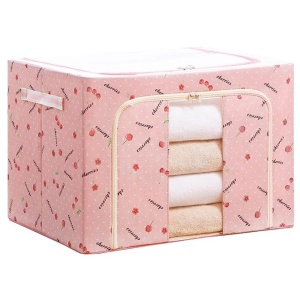 Cutie de Depozitare Pliabila, Flippy, Cu Fermoar, 100 L, Textil, 60x42x40 cm, cu Fereastra, Cadru Metalic, Suport Baza Stabil din Plastic, Imprimeu Cirese, Roz - Img 1