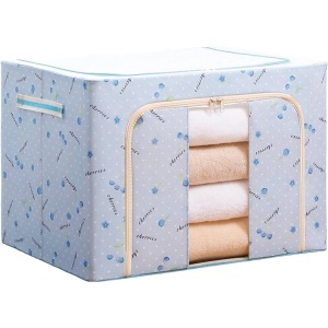 Cutie de Depozitare Pliabila, Flippy, Cu Fermoar, 66 L, Textil, 50x40x33 cm, cu 2 Ferestre, Cadru Metalic, Suport Baza Stabil din Plastic, Imprimeu Cirese, Albastru - Img 4