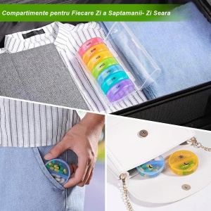 Cutie Depozitare Medicamente, Flippy, 7 Zile, 14 Compartimente, Cutie Suport, Recipiente Detasabile, Portabila, Multicolor, 17.5x11x9.5 cm - Img 6