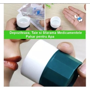 Cutie Pastile Multifunctionala, Flippy, 4 in 1, Pahar Apa, Taiere, Sfaramare, Depozitare, Compact, ABS cu Lama din Inox, Alb/Verde, 8.7x6.2x4.1 cm - Img 2