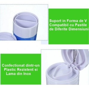 Cutie Pastile Multifunctionala, Flippy, 4 in 1, Pahar Apa, Taiere, Sfaramare, Depozitare, Compact, ABS cu Lama din Inox, Alb/Albastru, 8.7x6.2x4.1 cm - Img 3