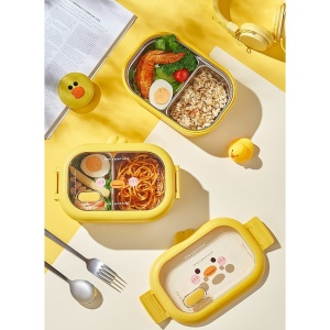 Cutie pentru Pranz sau Gustari, Flippy, cu Doua Compartimente, Model Ratusca, pentru Copii si Adulti, Etansare, PP, Perfect pentru Scoala si Birou, 1000 mL, 22.5x14.5x8 cm, Galben - Img 10