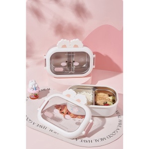 Cutie pentru Pranz sau Gustari, Flippy, cu Doua Compartimente, Model Iepuras, pentru Copii si Adulti, Etansare, PP, Perfect pentru Scoala si Birou, 1000 mL, 22x17.8x8 cm, Alb - Img 2