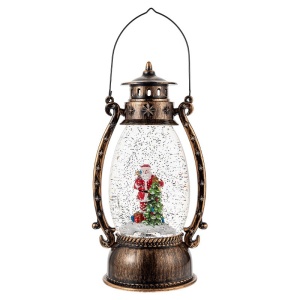 Decoratiune Craciun, Tip Felinar, Figurine Mos Craciun cu Bradul, 3 Moduri, Functie Muzicala, Zapada in Miscare, Functioneaza Cu Baterii ( 3 x AA neincluse), Cablu USB (Inclus), Model Vintage Negru - Auriu, 13.5 x 11 x 25.5 cm, Alb Cald - Img 5