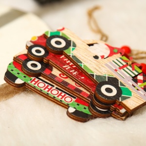 Decoratiune de Craciun din Lemn, Flippy, cu Snur pentru Agatare in Brad, Model Masina lui Mos Craciun, Scris Happy New Year, 8x8x0.4 cm, Multicolor - Img 5