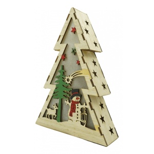 Decoratiune luminoasa, model de Brad cu Om de zapada, maro, lungime: 14 cm, latime: 5 cm, inaltime: 20 cm, lemn, interior/exterior - Img 1