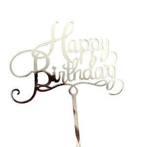 Decoratiune Topper pentru Tort, Flippy, Model Happy Birthday, Tematica Aniversare, 10 cm, Argintiu - Img 1